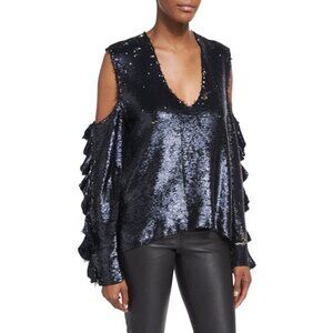 EUC IRO black & silver double faced sequin cold shoulder ruffle sleeve top